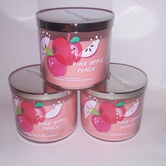Set of 3 Bath & Body Works Scented Candle 3 Wick Pink Apple Punch 14.5oz Each Br - Picture 1 of 5